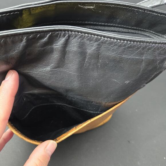 C.L. Whiting Collection Leather Crossbody Satchel Leaf Design Black& Camel Color - Picture 9 of 16